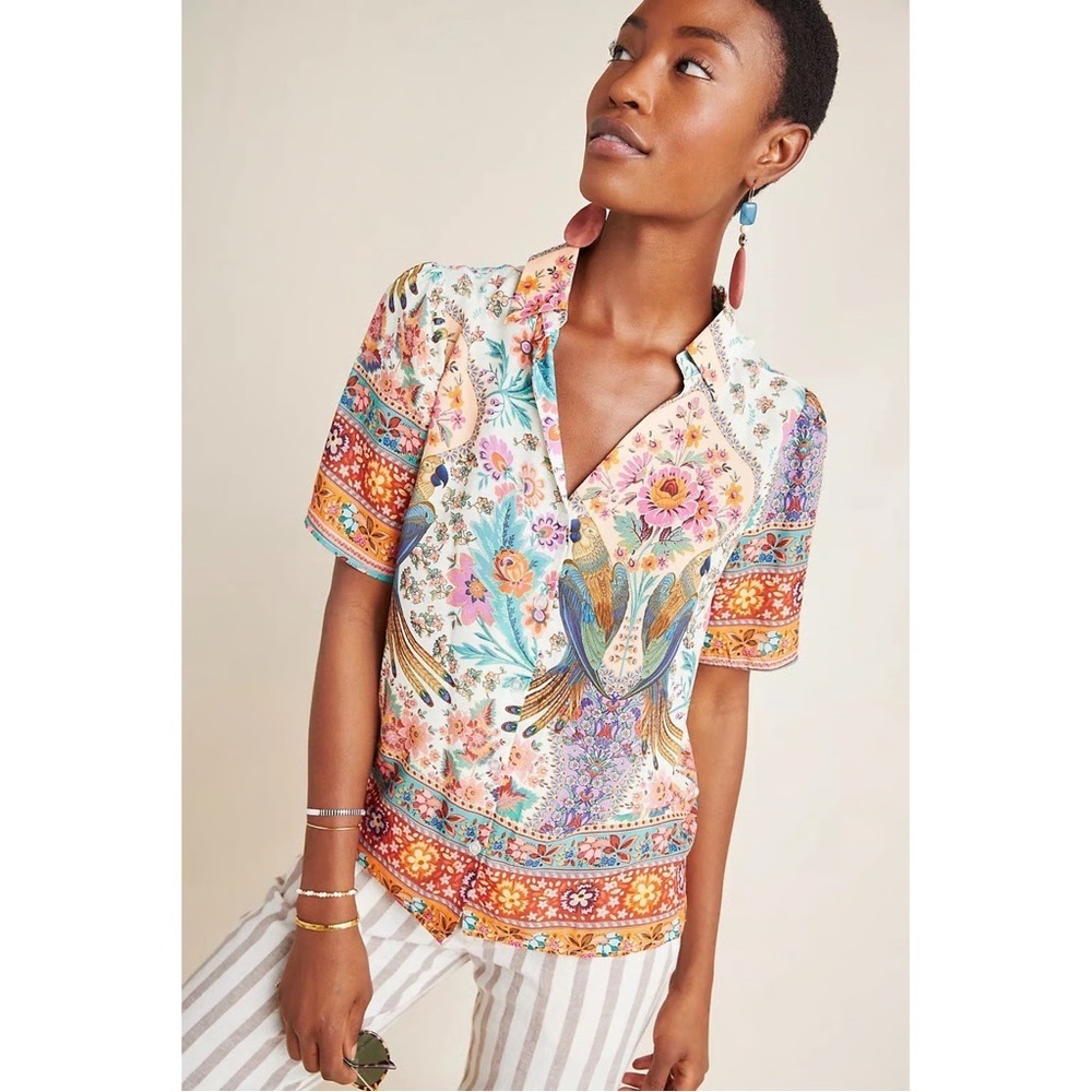 Farm Rio Anthropologie Cocoa Linen Blend Top Sz S - Picture 3 of 4
